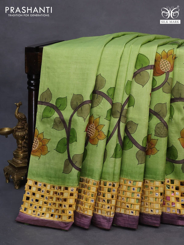 Pure tussar silk saree light green and yellow wine shade with kalamkari prints & cut work and cut work border