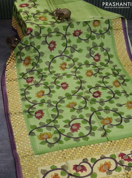 Pure tussar silk saree light green and yellow wine shade with kalamkari prints & cut work and cut work border