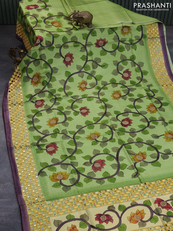 Pure tussar silk saree light green and yellow wine shade with kalamkari prints & cut work and cut work border