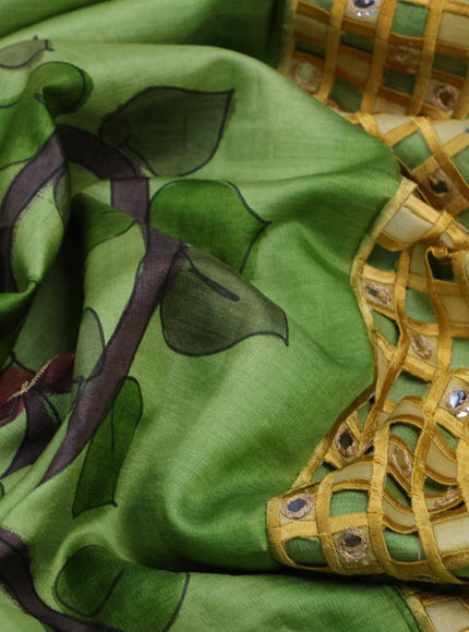 Pure tussar silk saree light green and yellow wine shade with kalamkari prints & cut work and cut work border