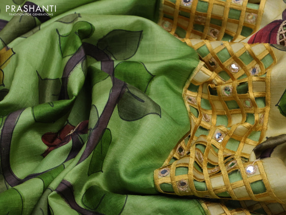 Pure tussar silk saree light green and yellow wine shade with kalamkari prints & cut work and cut work border