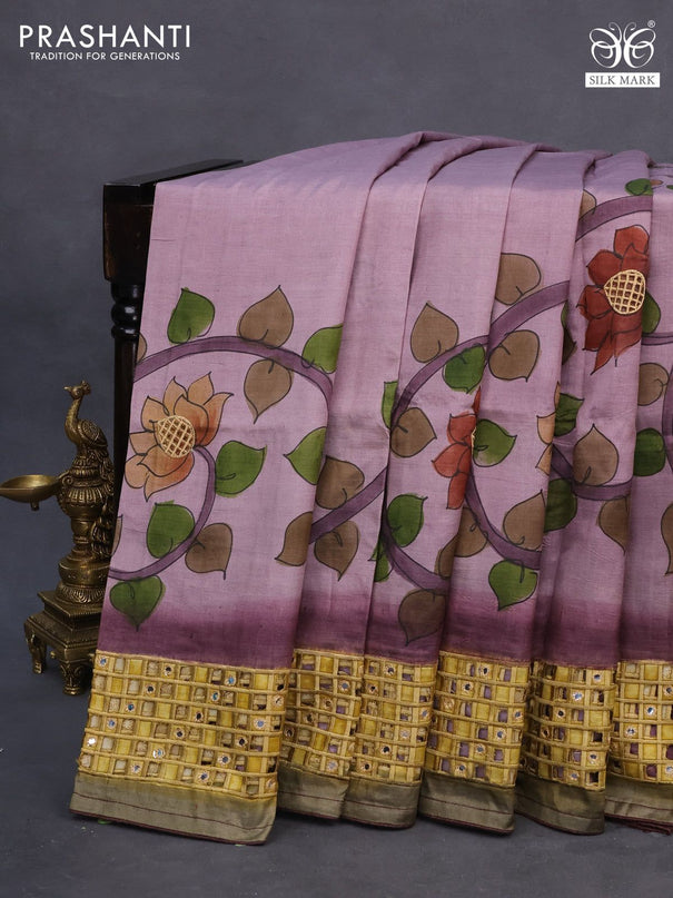 Pure tussar silk saree pastel purple and wine shade with kalamkari prints & cut work and cut work border