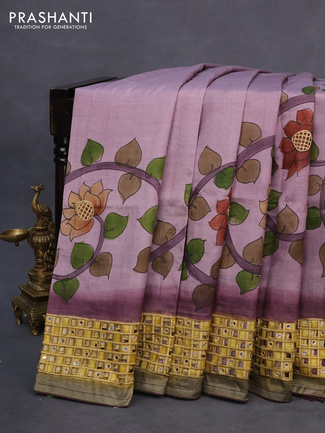 Pure tussar silk saree pastel purple and wine shade with kalamkari prints & cut work and cut work border