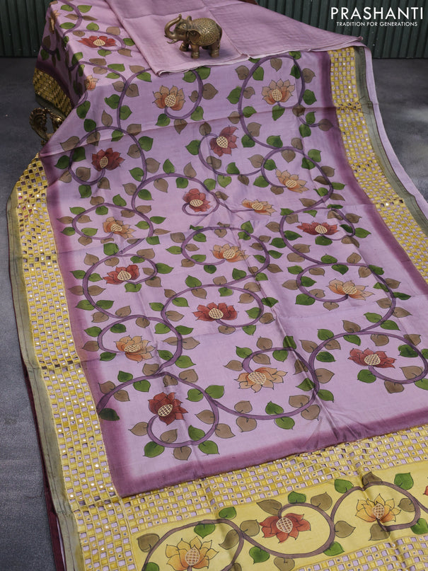 Pure tussar silk saree pastel purple and wine shade with kalamkari prints & cut work and cut work border