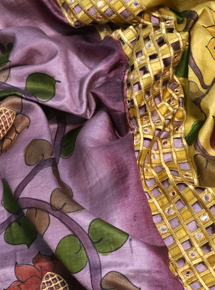 Pure tussar silk saree pastel purple and wine shade with kalamkari prints & cut work and cut work border