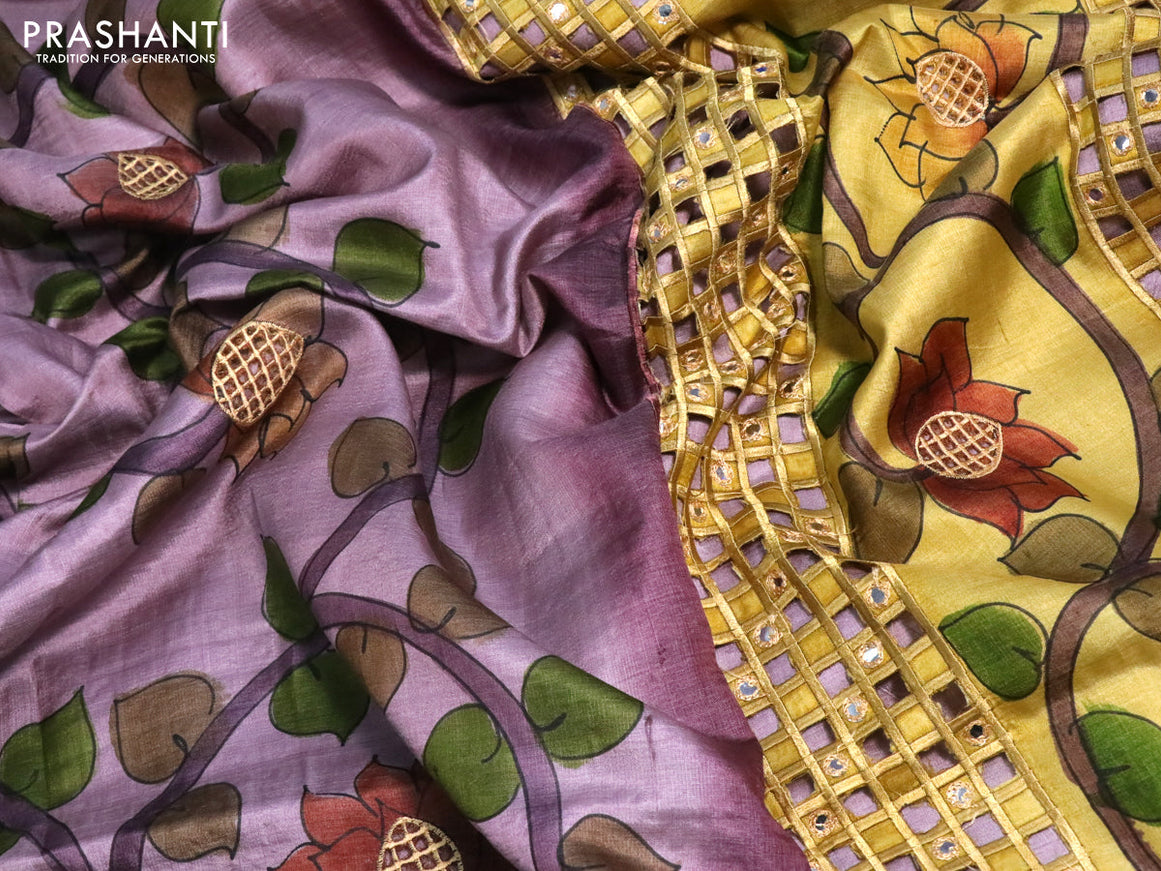 Pure tussar silk saree pastel purple and wine shade with kalamkari prints & cut work and cut work border