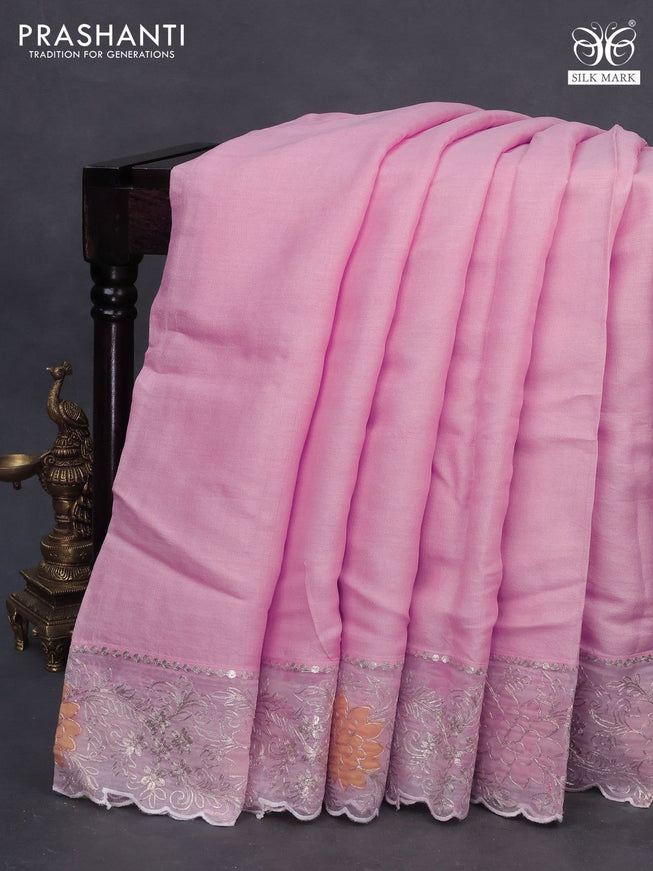 Pure tussar silk saree baby pink with plain body and embroidery work border