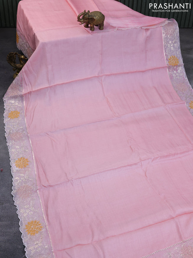 Pure tussar silk saree baby pink with plain body and embroidery work border