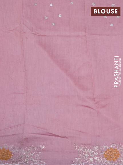 Pure tussar silk saree baby pink with plain body and embroidery work border