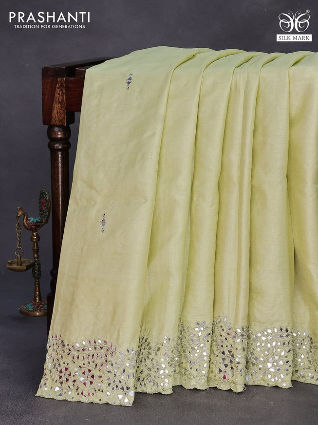 Pure tussar silk saree mild pista green with mirror work buttas and embroidery mirror work border