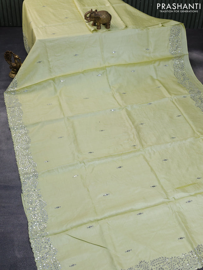 Pure tussar silk saree mild pista green with mirror work buttas and embroidery mirror work border