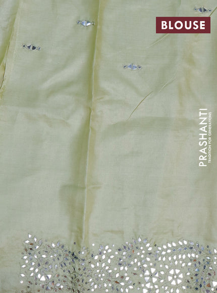 Pure tussar silk saree mild pista green with mirror work buttas and embroidery mirror work border