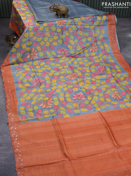 Pure tussar silk saree grey and peach orange with allover kalamkari hand painted prints and embroidery mirror work border