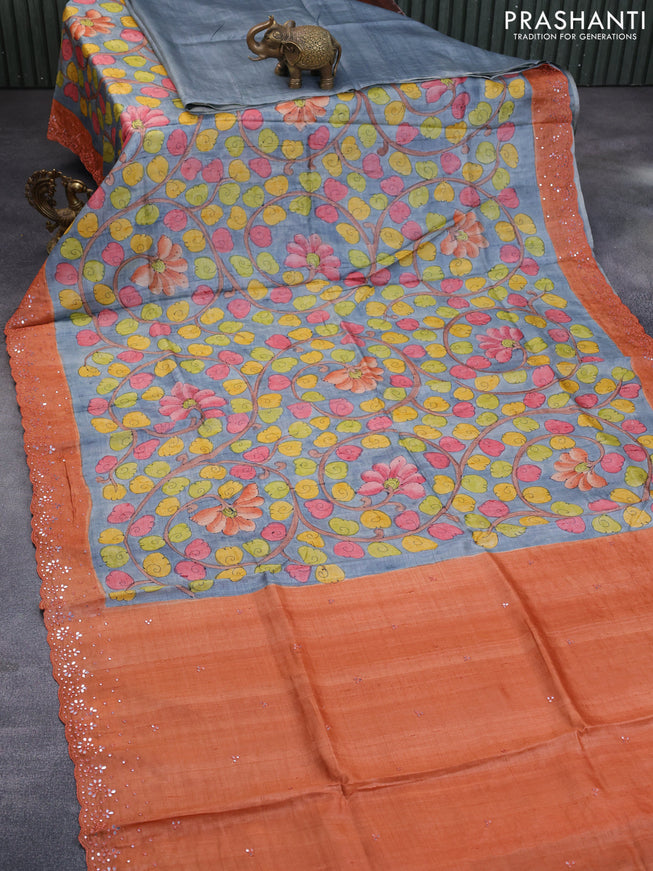 Pure tussar silk saree grey and peach orange with allover kalamkari hand painted prints and embroidery mirror work border