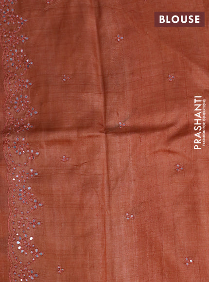 Pure tussar silk saree grey and peach orange with allover kalamkari hand painted prints and embroidery mirror work border