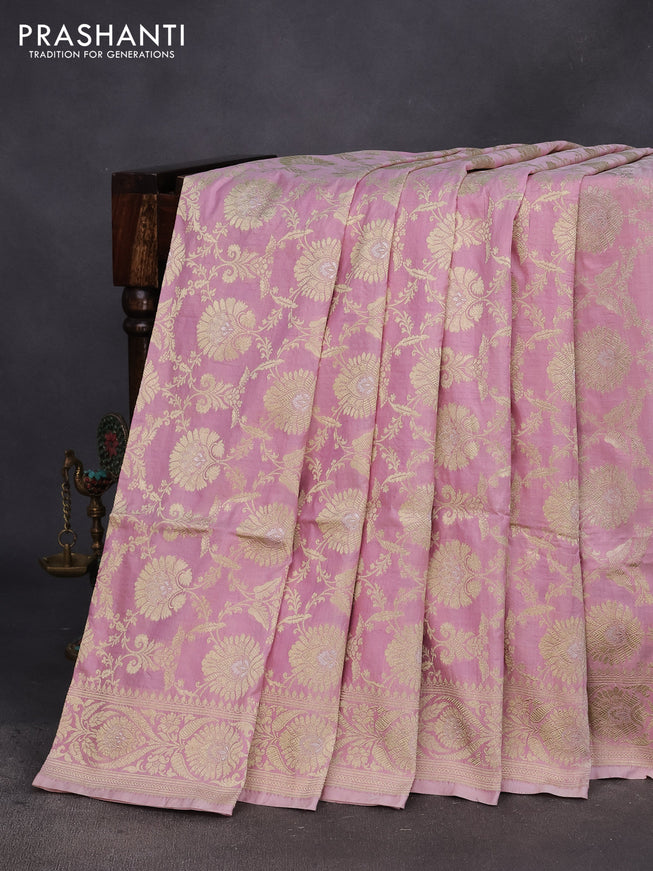 Pure banarasi uppada silk saree pastel pink with allover zari weaves and zari woven border