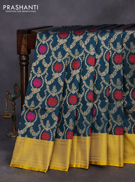 Pure banarasi uppada silk saree peacock green and yellow with allover zari woven brocade weaves and zari woven border