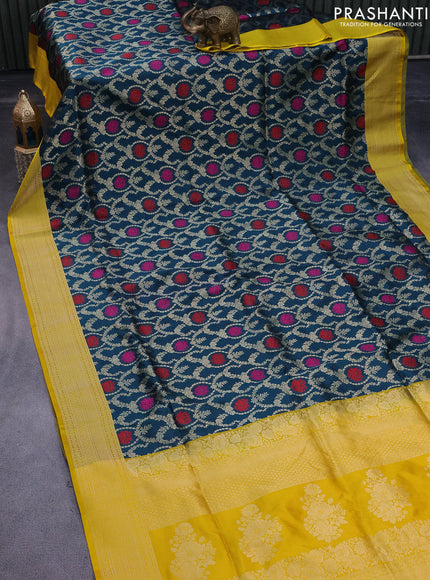 Pure banarasi uppada silk saree peacock green and yellow with allover zari woven brocade weaves and zari woven border