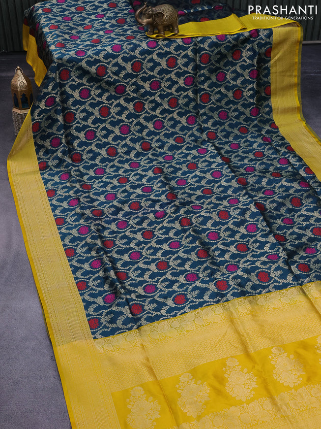 Pure banarasi uppada silk saree peacock green and yellow with allover zari woven brocade weaves and zari woven border