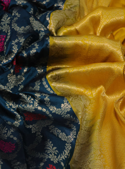 Pure banarasi uppada silk saree peacock green and yellow with allover zari woven brocade weaves and zari woven border