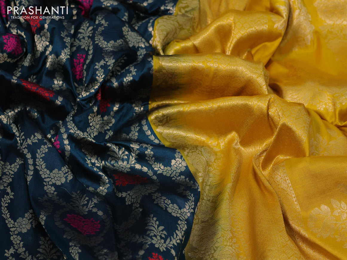 Pure banarasi uppada silk saree peacock green and yellow with allover zari woven brocade weaves and zari woven border