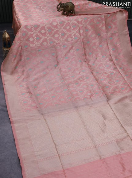 Pure banarasi uppada silk saree peach orange with allover thread & zari weaves and zari woven border