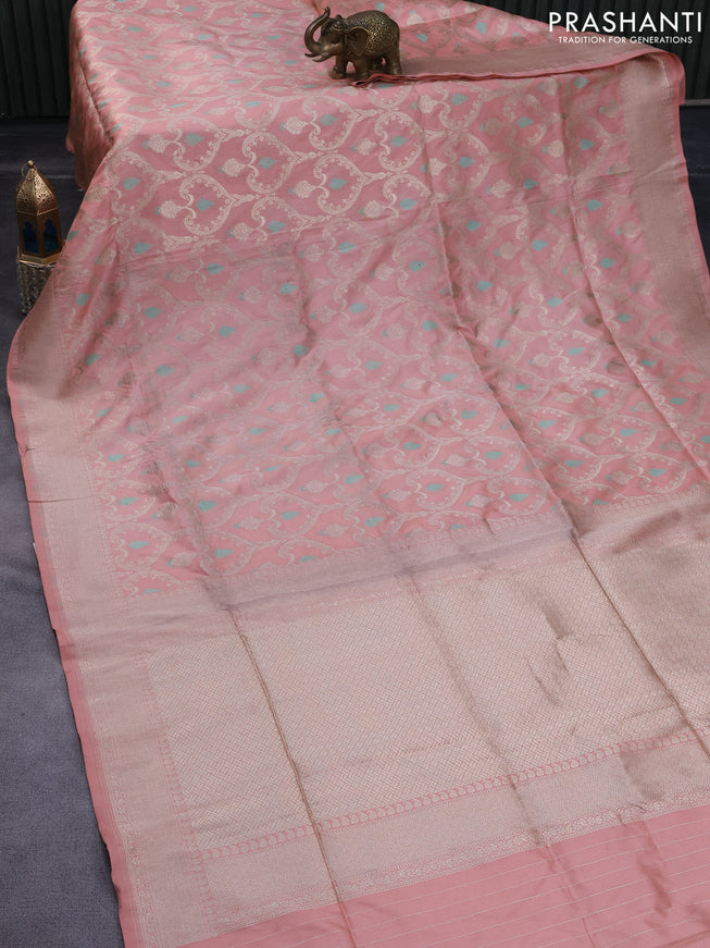 Pure banarasi uppada silk saree peach orange with allover thread & zari weaves and zari woven border