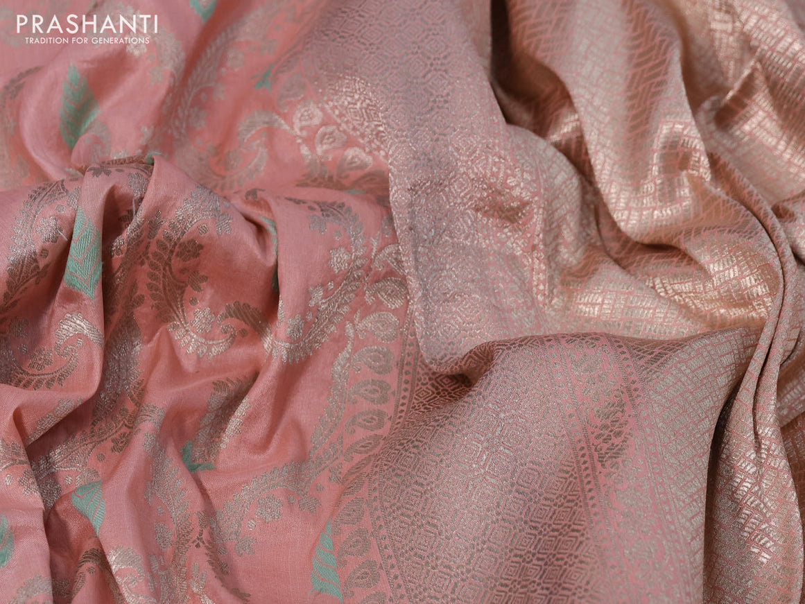 Pure banarasi uppada silk saree peach orange with allover thread & zari weaves and zari woven border