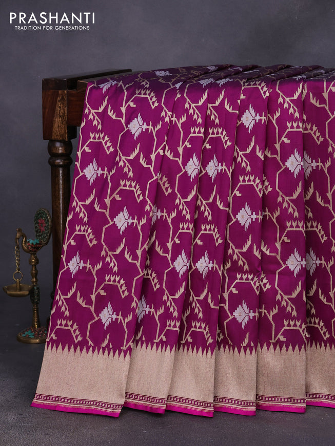 Pure banarasi uppada silk saree dark magenta pink and pink with allover zari weaves and zari woven border