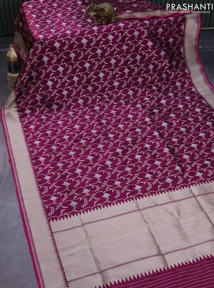 Pure banarasi uppada silk saree dark magenta pink and pink with allover zari weaves and zari woven border