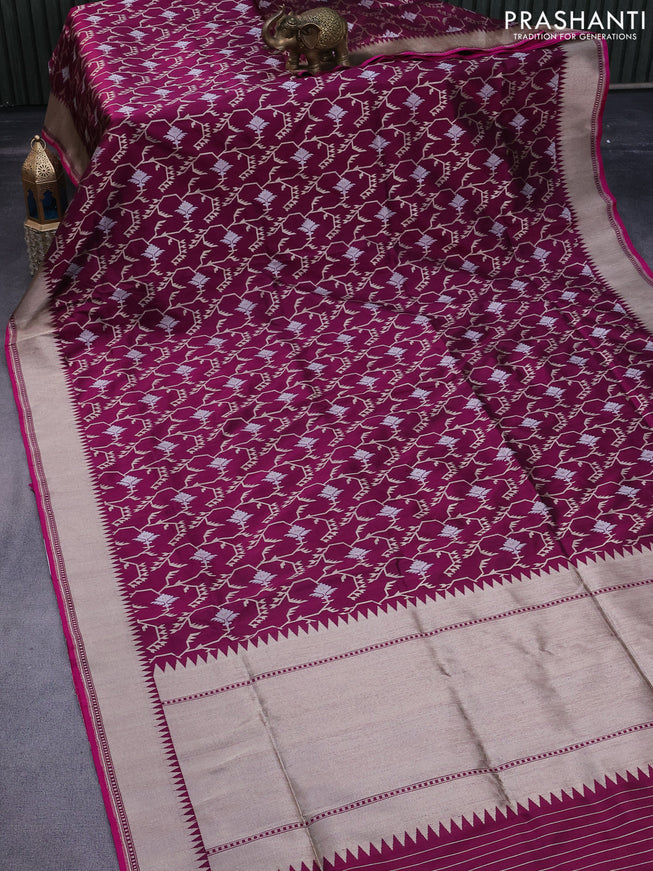 Pure banarasi uppada silk saree dark magenta pink and pink with allover zari weaves and zari woven border