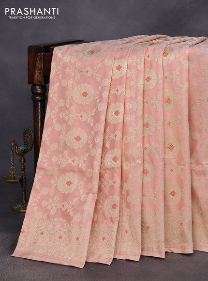 Pure banarasi uppada silk saree peach pink with allover zari woven brocade weaves and zari woven border