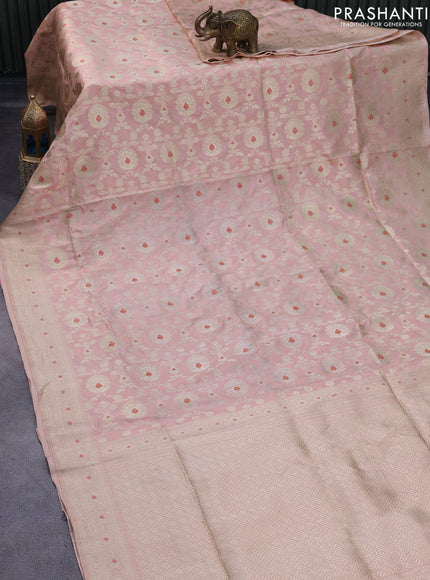 Pure banarasi uppada silk saree peach pink with allover zari woven brocade weaves and zari woven border