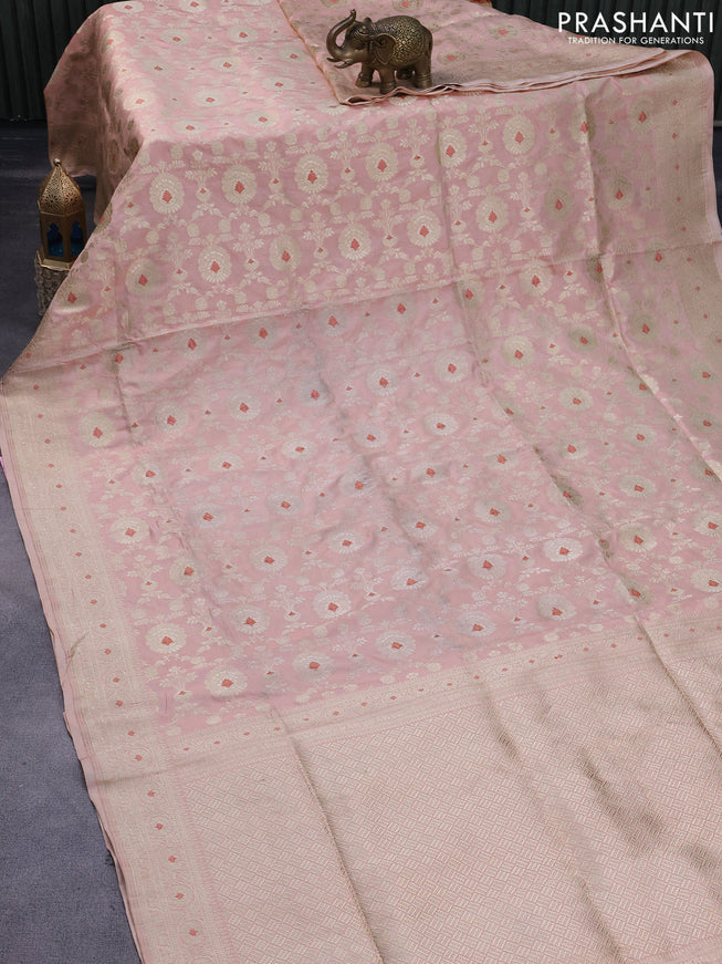 Pure banarasi uppada silk saree peach pink with allover zari woven brocade weaves and zari woven border