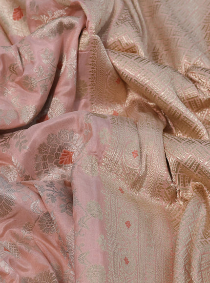 Pure banarasi uppada silk saree peach pink with allover zari woven brocade weaves and zari woven border