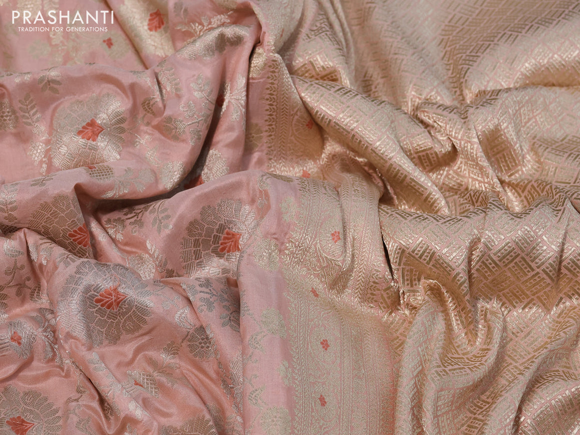 Pure banarasi uppada silk saree peach pink with allover zari woven brocade weaves and zari woven border