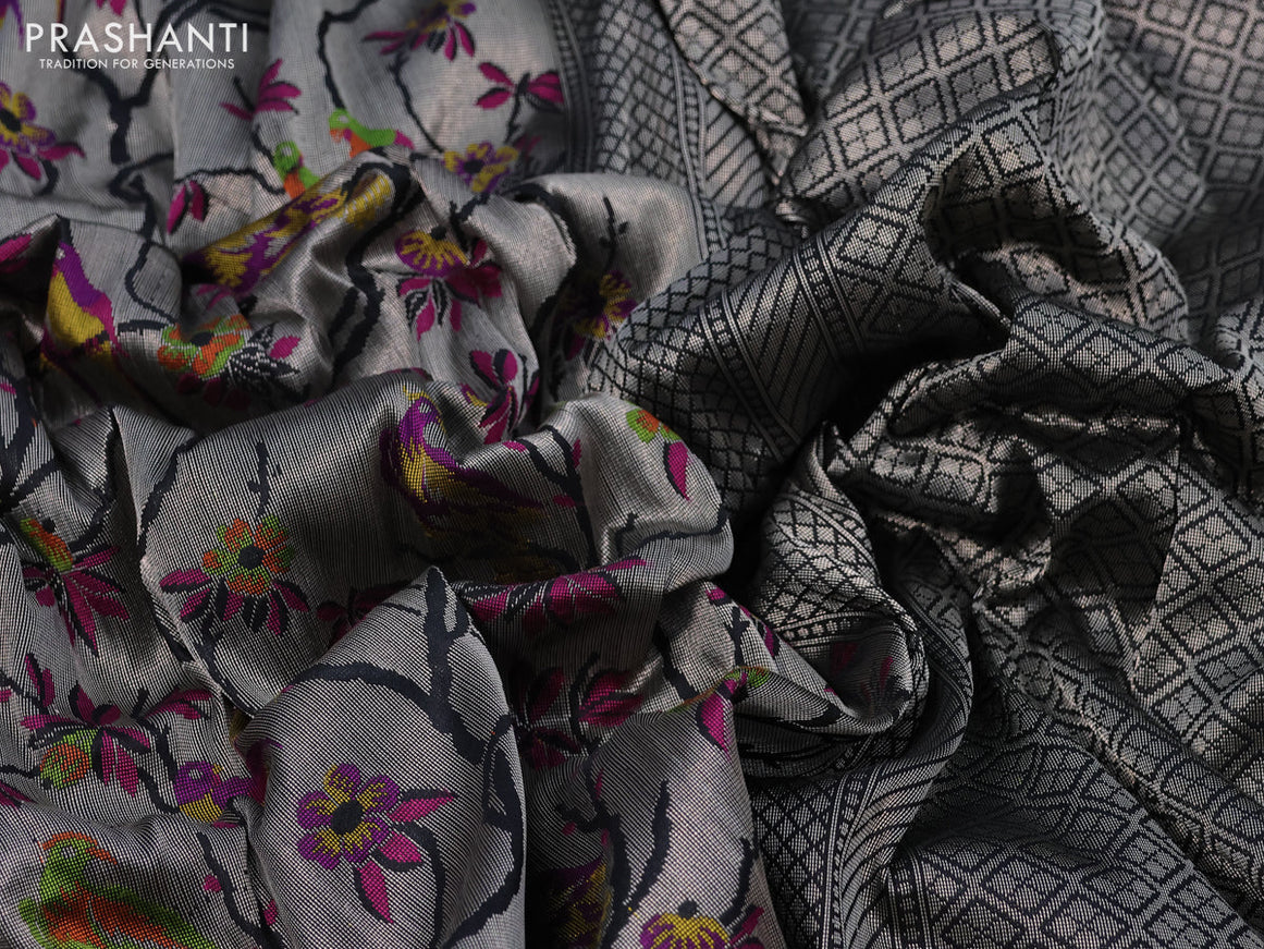 Pure banarasi uppada silk saree black and purple with allover thread & zari woven brocade weaves and zari woven border