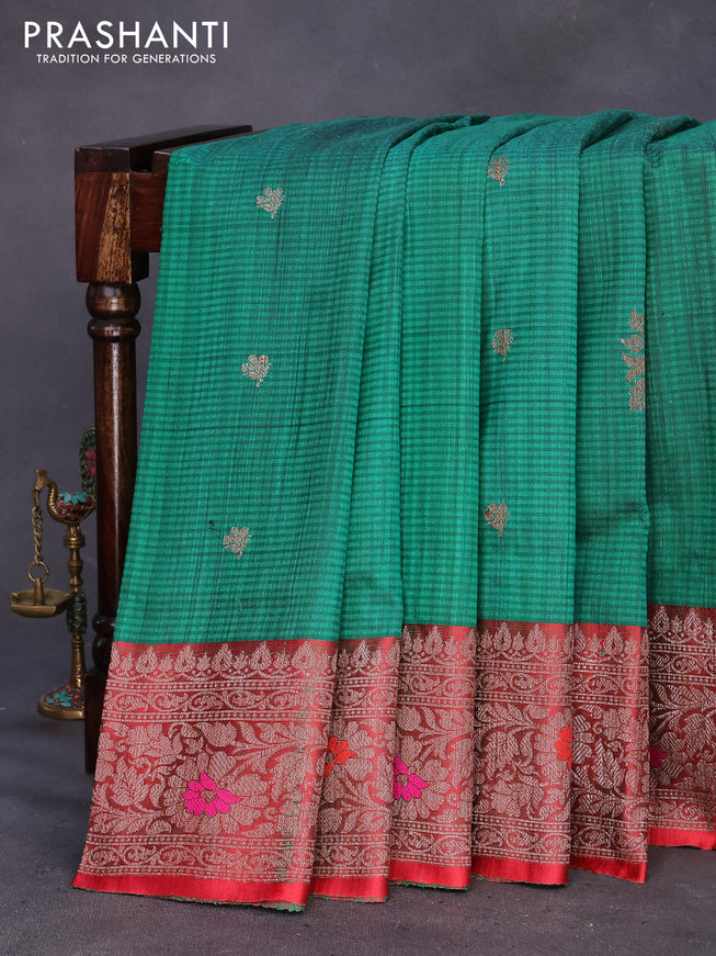 Banarasi handloom dupion silk saree green and red with thread & zari woven buttas and woven border