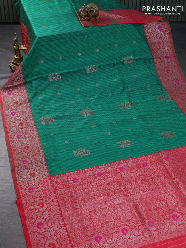 Banarasi handloom dupion silk saree green and red with thread & zari woven buttas and woven border