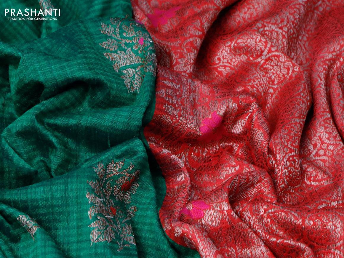 Banarasi handloom dupion silk saree green and red with thread & zari woven buttas and woven border