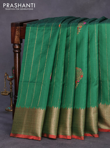 Banarasi handloom dupion silk saree green and red with allover zari weaves & buttas and woven border