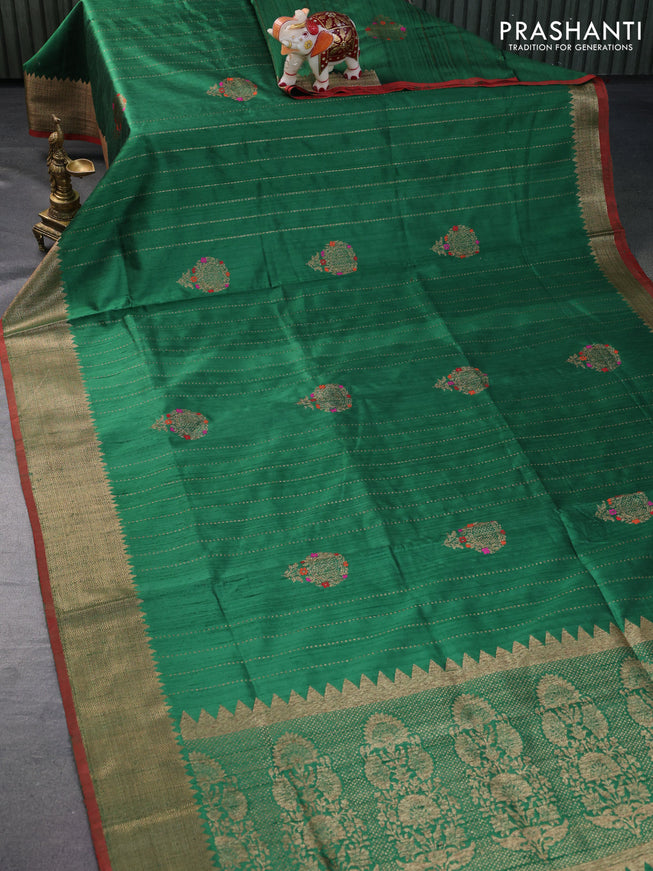 Banarasi handloom dupion silk saree green and red with allover zari weaves & buttas and woven border