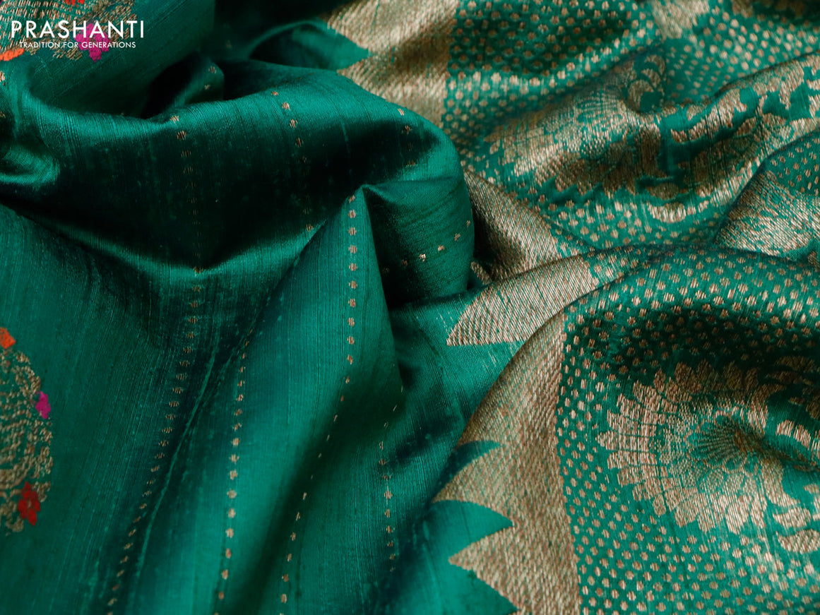 Banarasi handloom dupion silk saree green and red with allover zari weaves & buttas and woven border