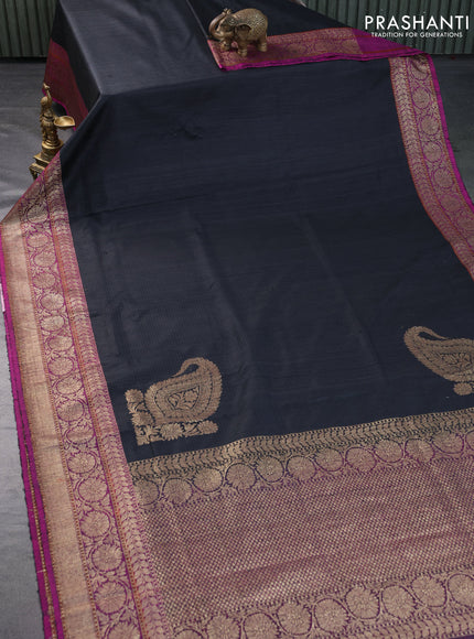 Banarasi handloom dupion silk saree black and purple with thread & zari woven paisley buttas and floral zari woven border