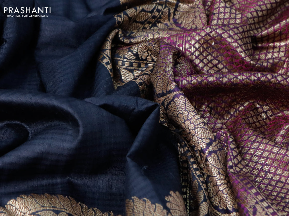 Banarasi handloom dupion silk saree black and purple with thread & zari woven paisley buttas and floral zari woven border