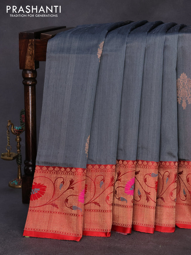 Banarasi handloom dupion silk saree grey and red with zari woven buttas and zari woven paithani border