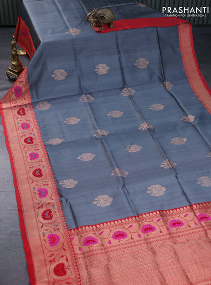 Banarasi handloom dupion silk saree grey and red with zari woven buttas and zari woven paithani border