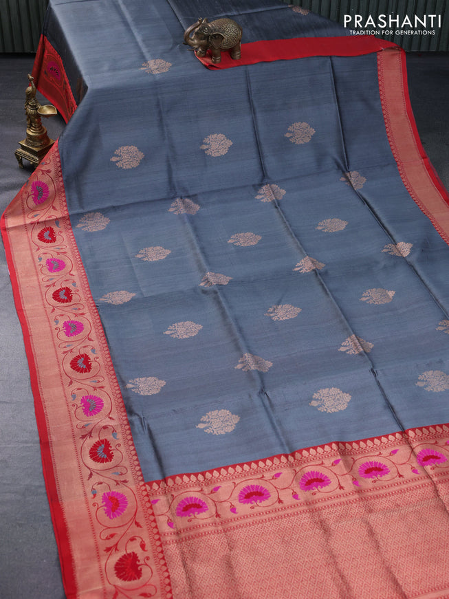 Banarasi handloom dupion silk saree grey and red with zari woven buttas and zari woven paithani border