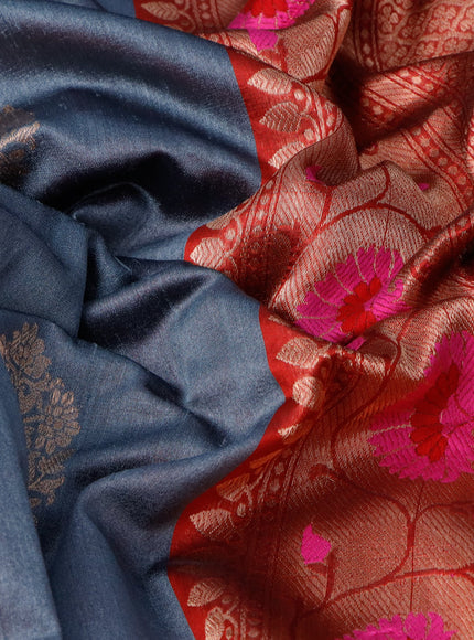 Banarasi handloom dupion silk saree grey and red with zari woven buttas and zari woven paithani border