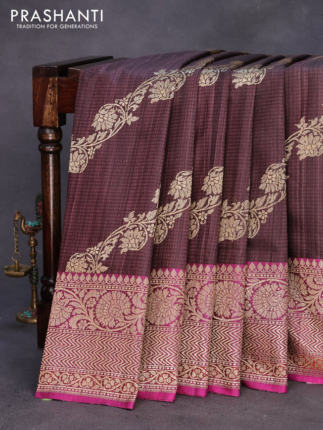 Banarasi handloom dupion silk saree rosy brown and magenta pink with allover thread & zari weaves and zari woven border